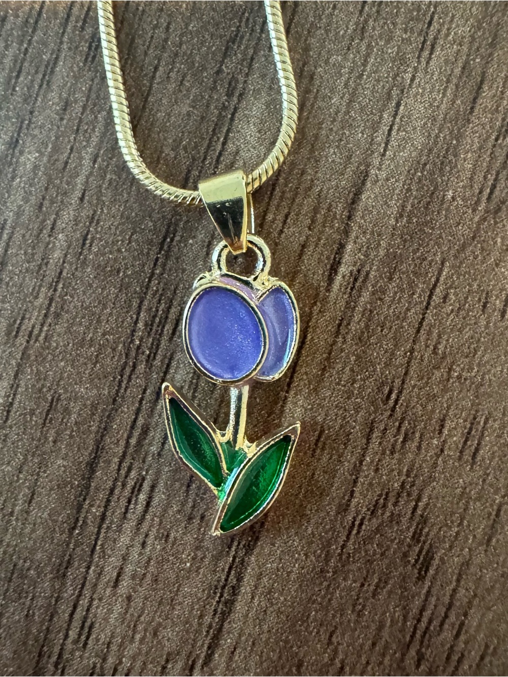Francesca's Collections Gold Tulip Necklace with Purple Flower and Green Leaves
